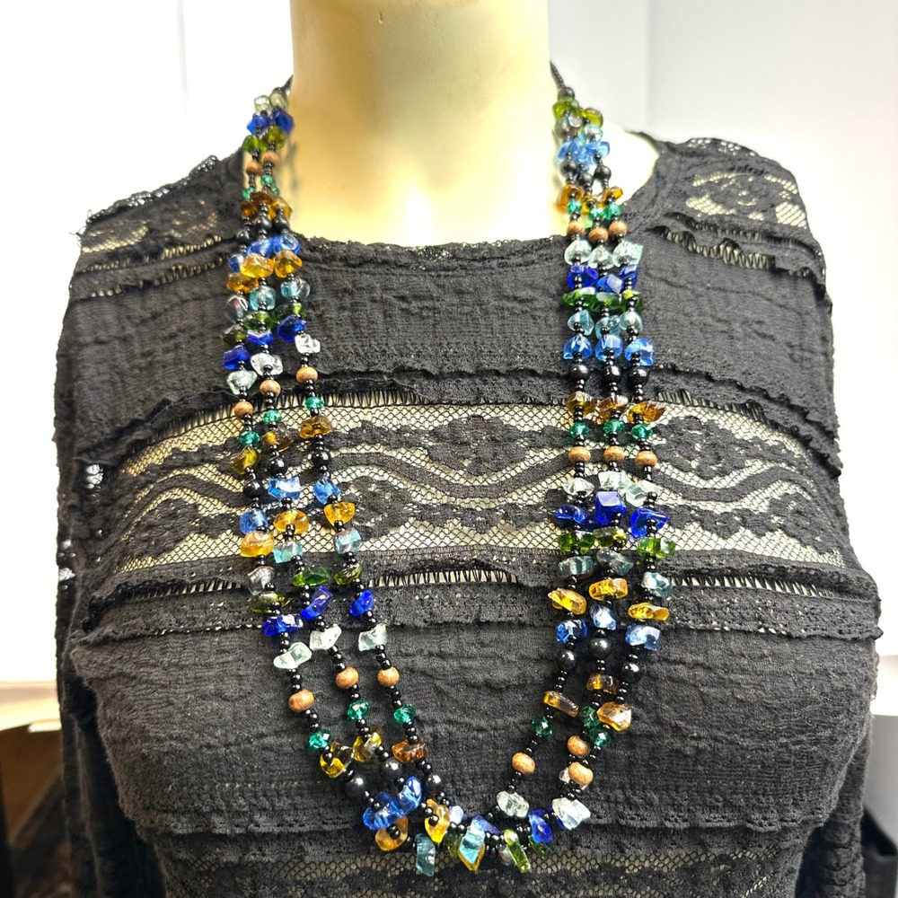 Multicolor Triple Strand Glass Bead Vibrant Necklace Artisan Boho Statement Long